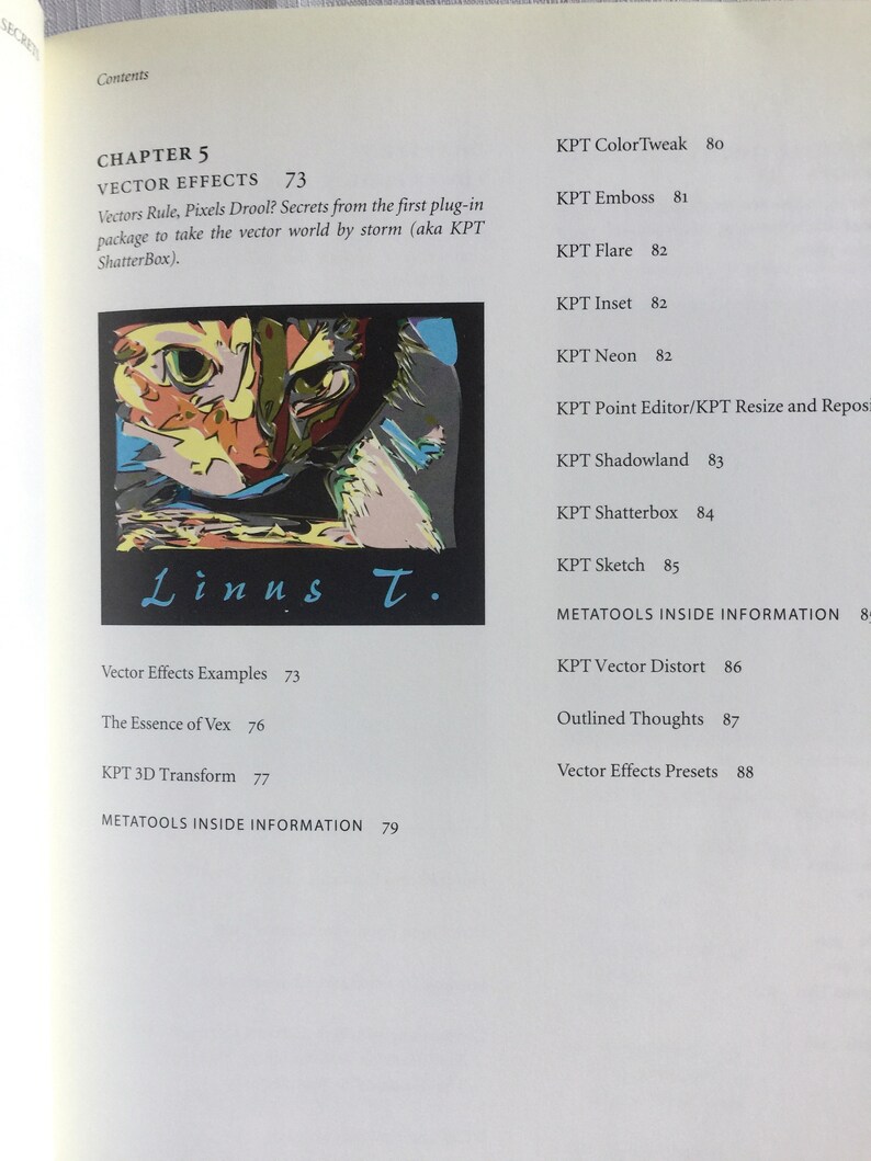 May include: A book cover with the title "Vector Effects" and a colourful illustration of a cat's face. The book is part of a series called "MetaTools Inside Information".