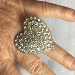 Pave Ring, Heart Ring, Adjustable Ring, Large Heart Ring, Rhinestone Ring, Scarf Ring, Mod Ring, Oversize Ring, 60 Ring, Huge Ring, Big Ring