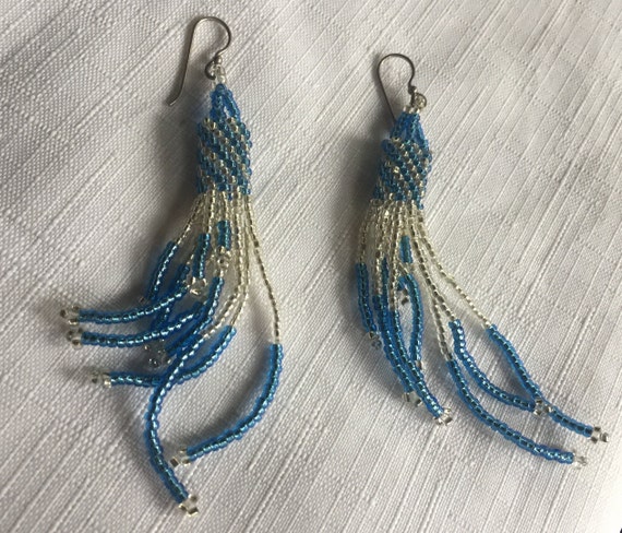 Blue Bead Earring, Blue Dangle Earring, Blue Frin… - image 2