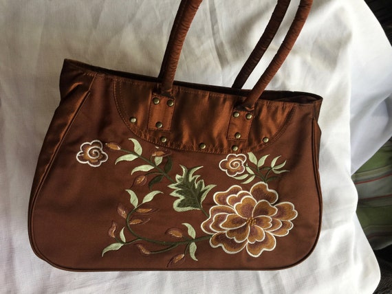 Silk Handbag Embroider Asian Retro Purse Brown Fl… - image 8