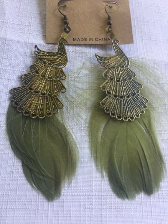 Green Feather Dangle, Green Exotic Drop, Green Bi… - image 3