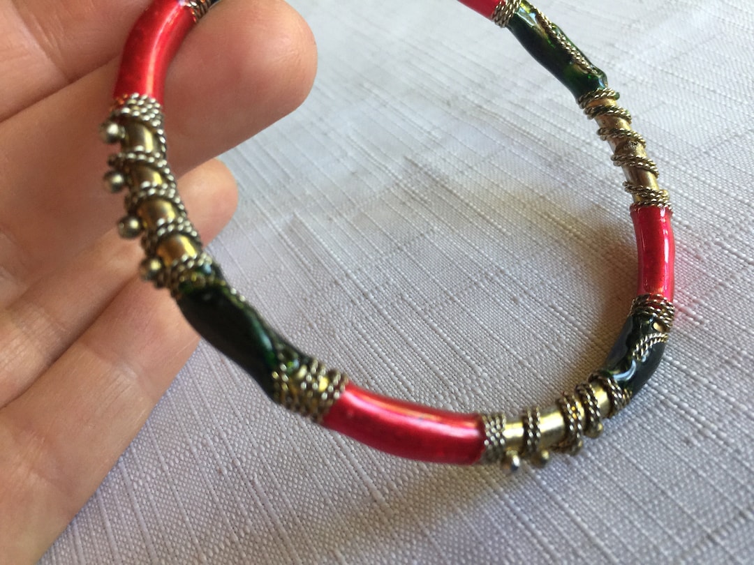 Red Enamel Bracelet, Red Bracelet, Hippie India Bangle, India Red