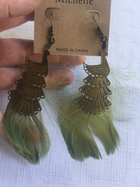 Green Feather Dangle, Green Exotic Drop, Green Bi… - image 7