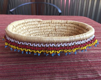 Shallow Basket, Trinket Basket, Decorative Basket, Tabletop Basket, Beaded Basket, Woven Basket, Boho Basket, Shabby Chic BOX, Coiled Basket