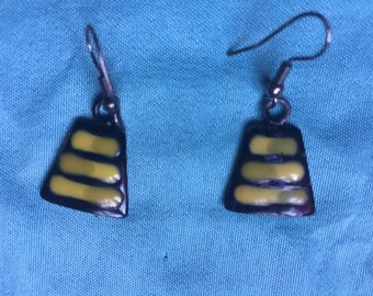 Black Yellow Earring, Black Yellow Dangle, Black Enamel Dangle, Stripe Dangle, Stripe Earring, Stripe Enamel Dangle, Black Dangle