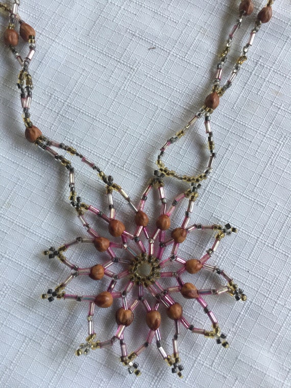 Seed Bead Necklace, Flower Bead, Beadwork Necklace