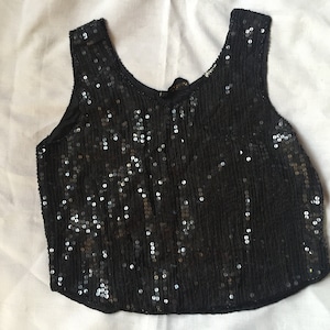 Black Sleeveless Sequin Top, Sparkly Evening Blouse, Party Club Shiny Fancy Glamour Dance Nightclub Diva Nightlife Costume Retro 50s Large
