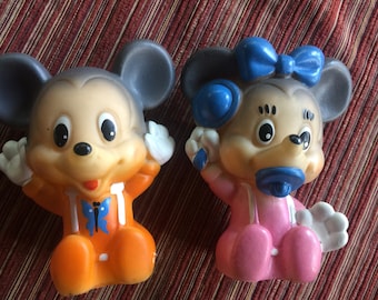 Rubber Mickey Minnie Doll Pair, Rare Collectible 80s Disney Toys Russia Toddler Gift Collector Disneyland Fan Pacifier Rattle Small Figurine