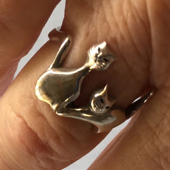 Cat Ring, Silver Cat Ring, Retro Cat Ring, Two Ca… - image 2