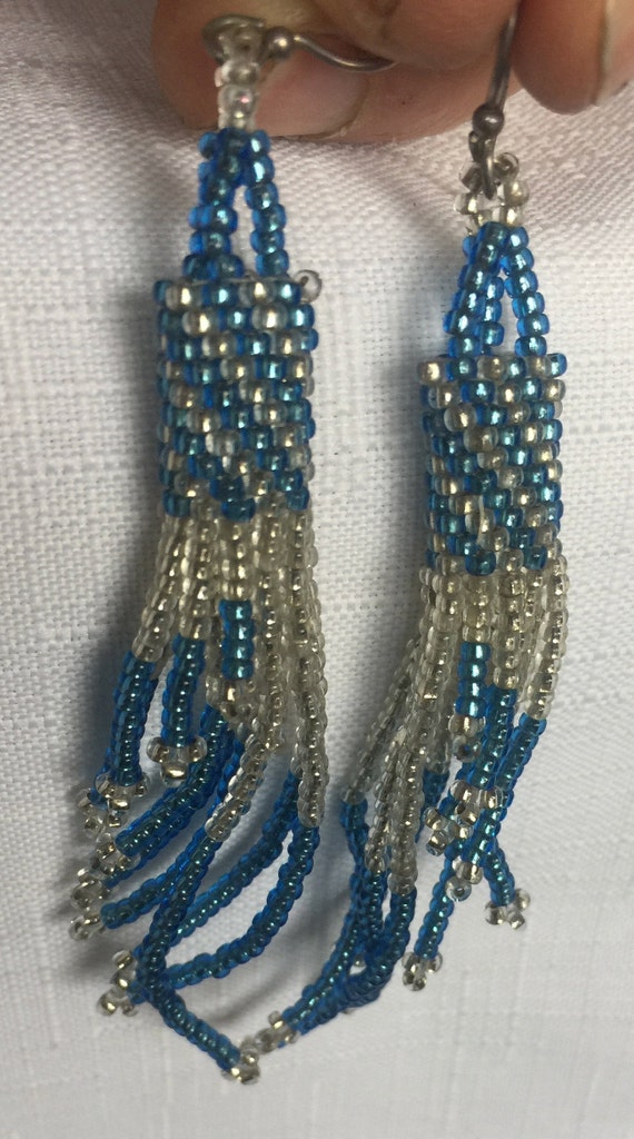 Blue Bead Earring, Blue Dangle Earring, Blue Frin… - image 3