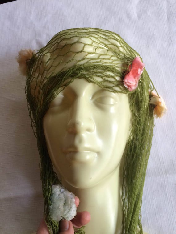 Green Net Scarf, Flower Scarf, Flower Headdress, … - image 3