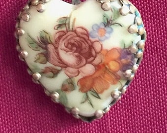 Floral Heart Pendant, Painted Heart Pendant, Rose heart Pendant, Flower Heart Necklace, Retro Heart Pendant, Heart Necklace, Heart Pendant,