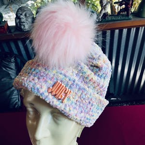 Juicy Couture Cap, Pastel Hat, Knit Hat, Designer Beanie, Juicy Couture, Pastel Cap, Pom Pom Cap, PInk Knit Cap, Designer Cap, Knit Beanie