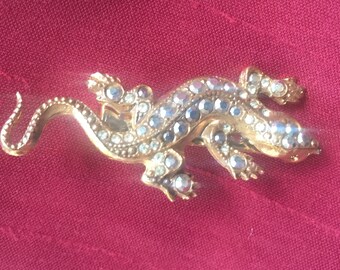 Lizard Pin, Gold Lizard Pin, Lizard Brooch, Reptile Pin, Lizard Jewelry, Gold Rhinestone Pin, Rhinestone Lizard, Sparkly Lizard Pin,