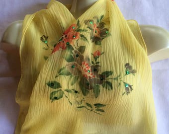 Sheer Yellow Scarf, Yellow Flower Scarf, Sequin Flower Scarf, Yellow Summer Scarf, Summer Scarf, Yellow Scarf, Flower Scarf, Casual Scarf