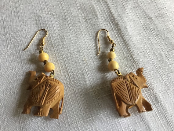 Elephant Dangle, Elephant Earring, Wood Carve Ear… - image 2