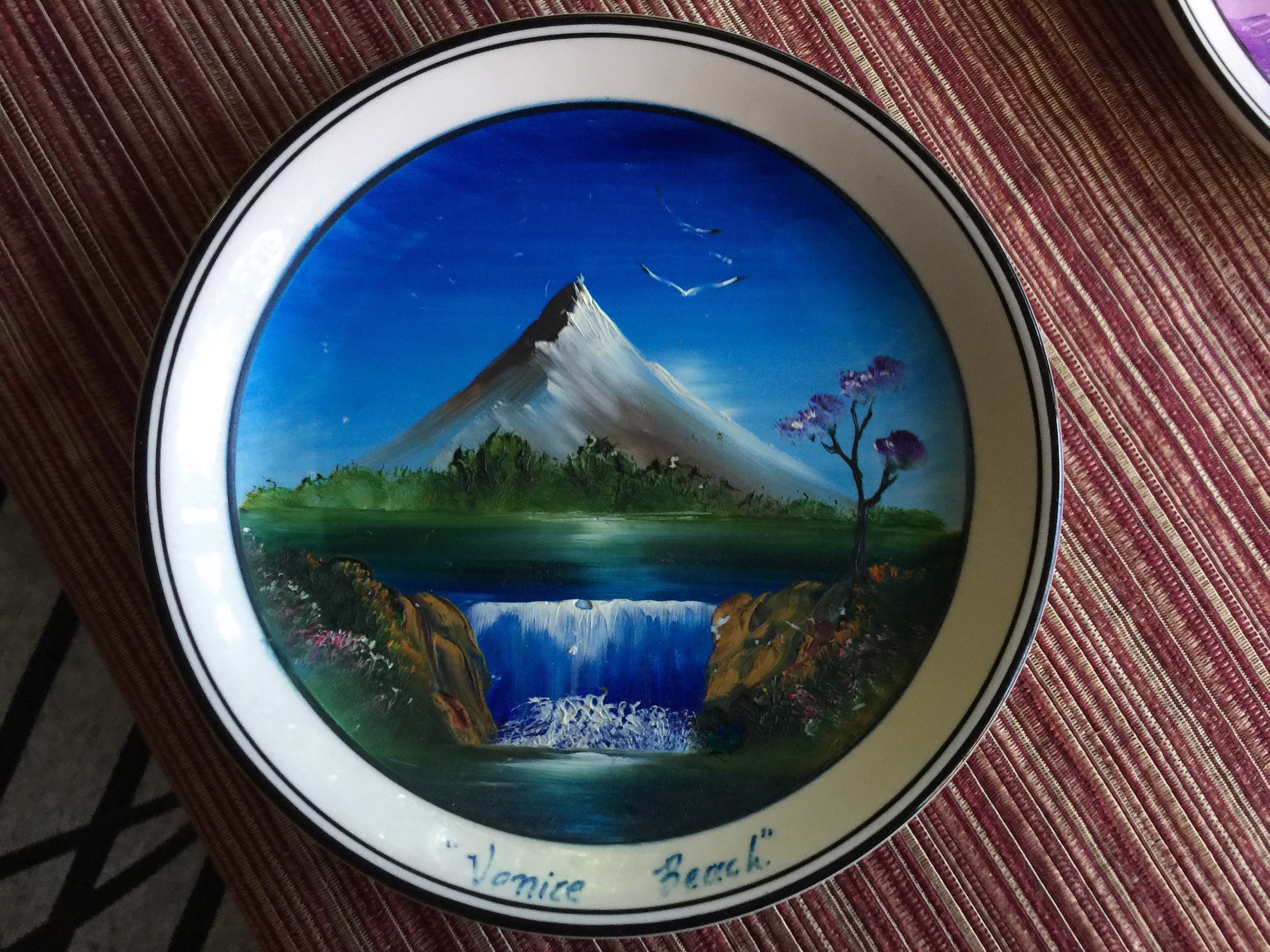 青い風景画の皿 滝の絵、山の絵、絵皿、アート皿、風景画、青の絵、自然の絵、絵皿