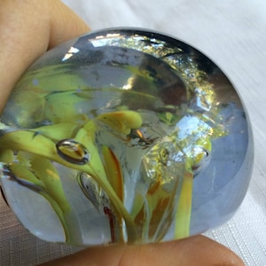 Yellow Paperweight, Art Glass, Blown Glass, Bubble Glass, Glass Paperweight, Desk Art, Glass Art, Blown Paperweight, Clear Knick, Glass Ball