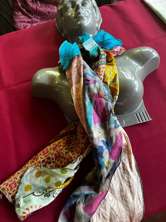 Silk India Scarf, Patchwork Scarf, Multi-color Sc… - image 2