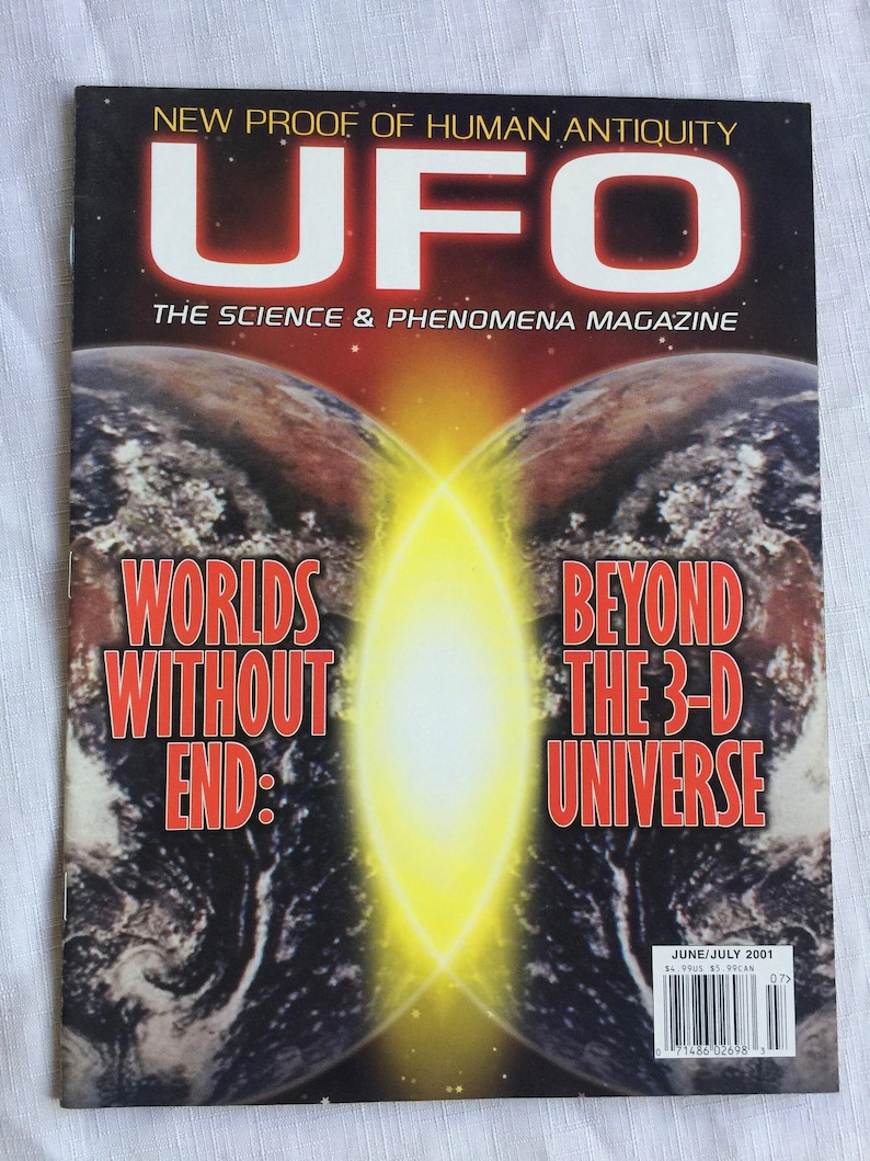 Puede incluir: Una portada de revista titulada UFO The Science & Phenomena Magazine, con el texto New Proof of Human Antiquity y Worlds Without End: Beyond the 3-D Universe. La portada muestra dos globos terr&aacute;queos separados por una luz amarilla brillante.