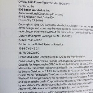 May include: A book cover with the title "Official Kai's Power Tools&reg; Studio SECRETS&reg;" and the publisher IDG Books Worldwide, Inc. The book cover also includes the copyright information &copy; 1996 IDG Books Worldwide, Inc. All rights reserved.