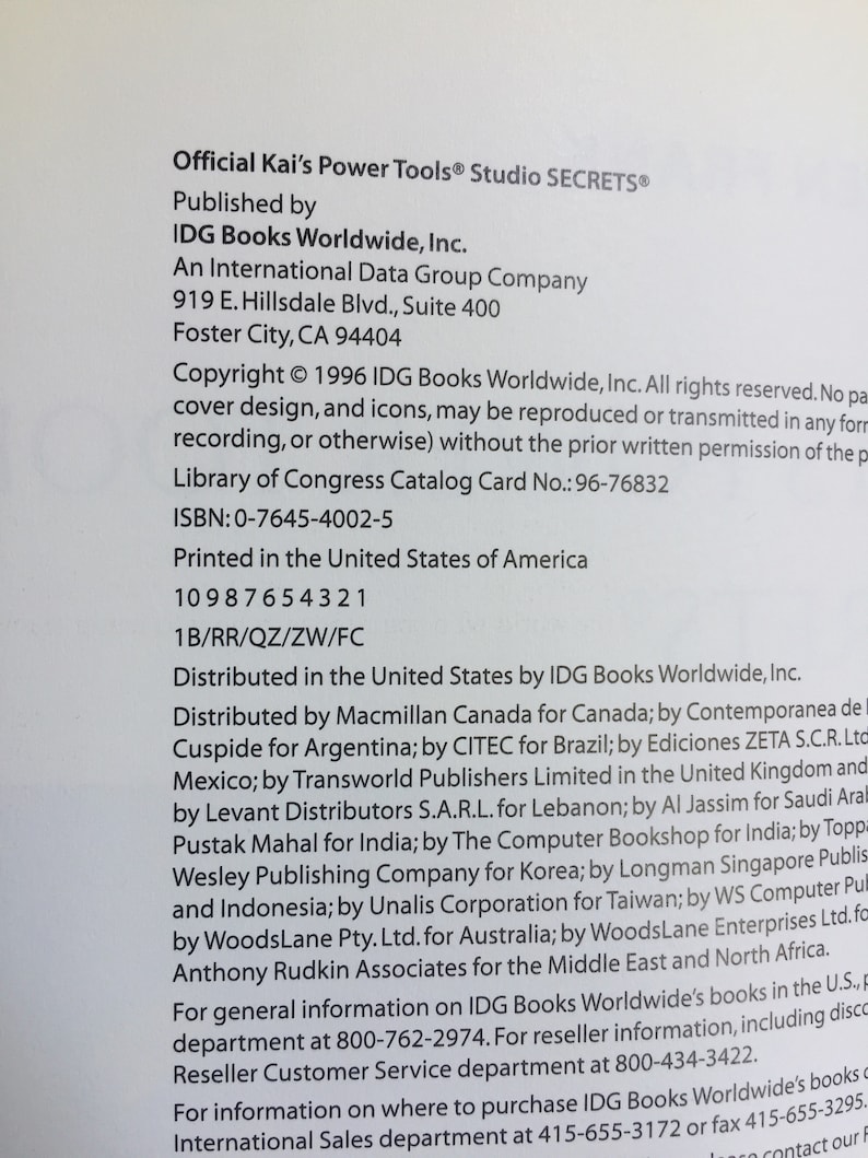 May include: A book cover with the title "Official Kai's Power Tools&reg; Studio SECRETS&reg;" and the publisher IDG Books Worldwide, Inc. The book cover also includes the copyright information &copy; 1996 IDG Books Worldwide, Inc. All rights reserved.
