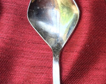 May include: A metallic spoon featuring a distinctively pointed, diamond-shaped bowl with a reflective silver surface. The spoon has a smooth, straight neck that connects to a dark, solid-colored handle, creating a sharp and functional design.