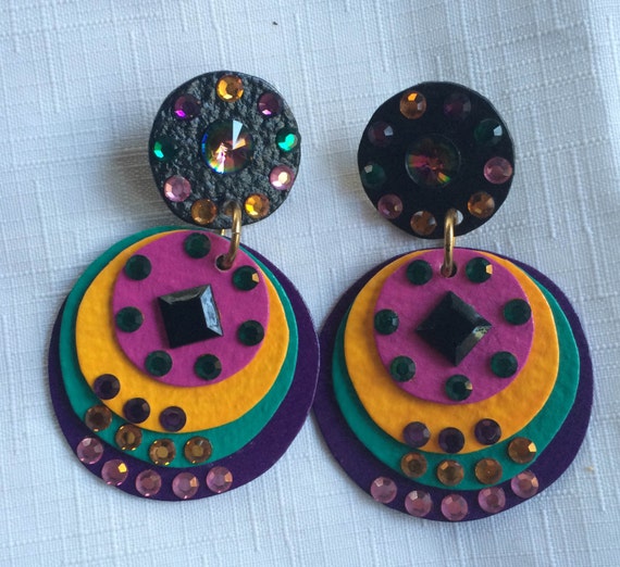 Multi Color Earring, Sequin Earring, 80s Colorful… - image 1