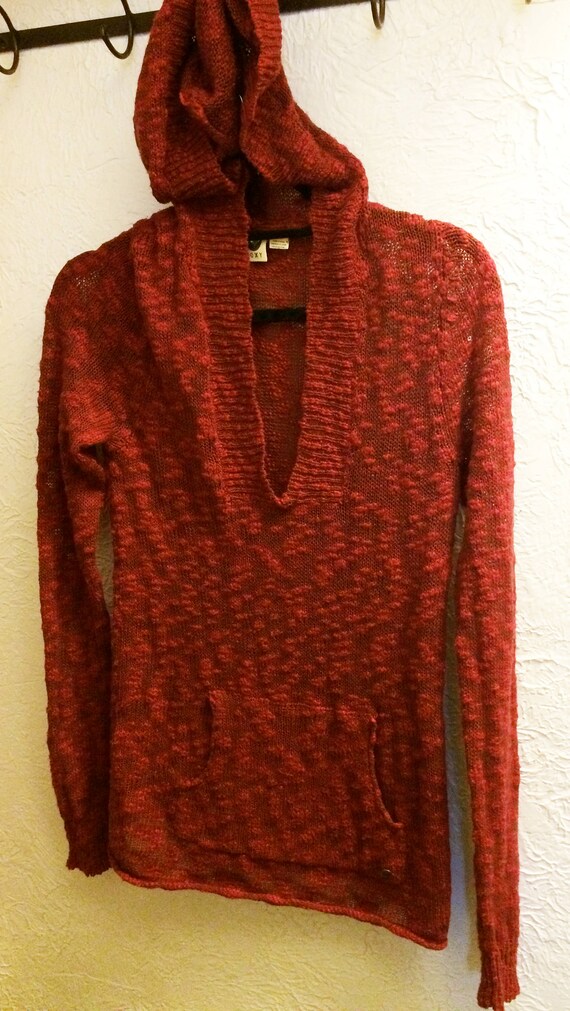 Roxy, Pullover Sweater, Red Pullover Sweater, Knit Pullover, Hooded Pullover, Hooded Sweater, Red Sweater, Lightweight Pullover, Hood Top View 3