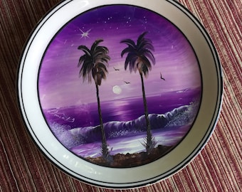 ピンク紫の夕日とヤシの木の油絵、キャンバス、海の絵、熱帯の絵