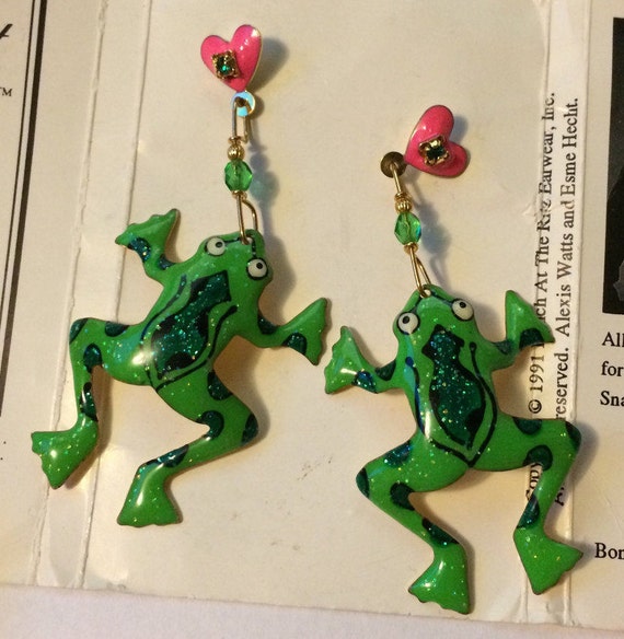 Frog Earring, Sparkly Green Earring, Frog Drop Ear