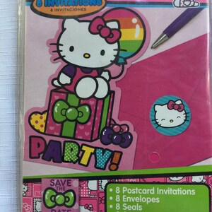 May include: A Hello Kitty party invitation set with 8 postcard invitations, 8 envelopes, 8 seals, and 8 save the date stickers. The invitations feature a pink and green color scheme with Hello Kitty holding a rainbow balloon and a gift box.