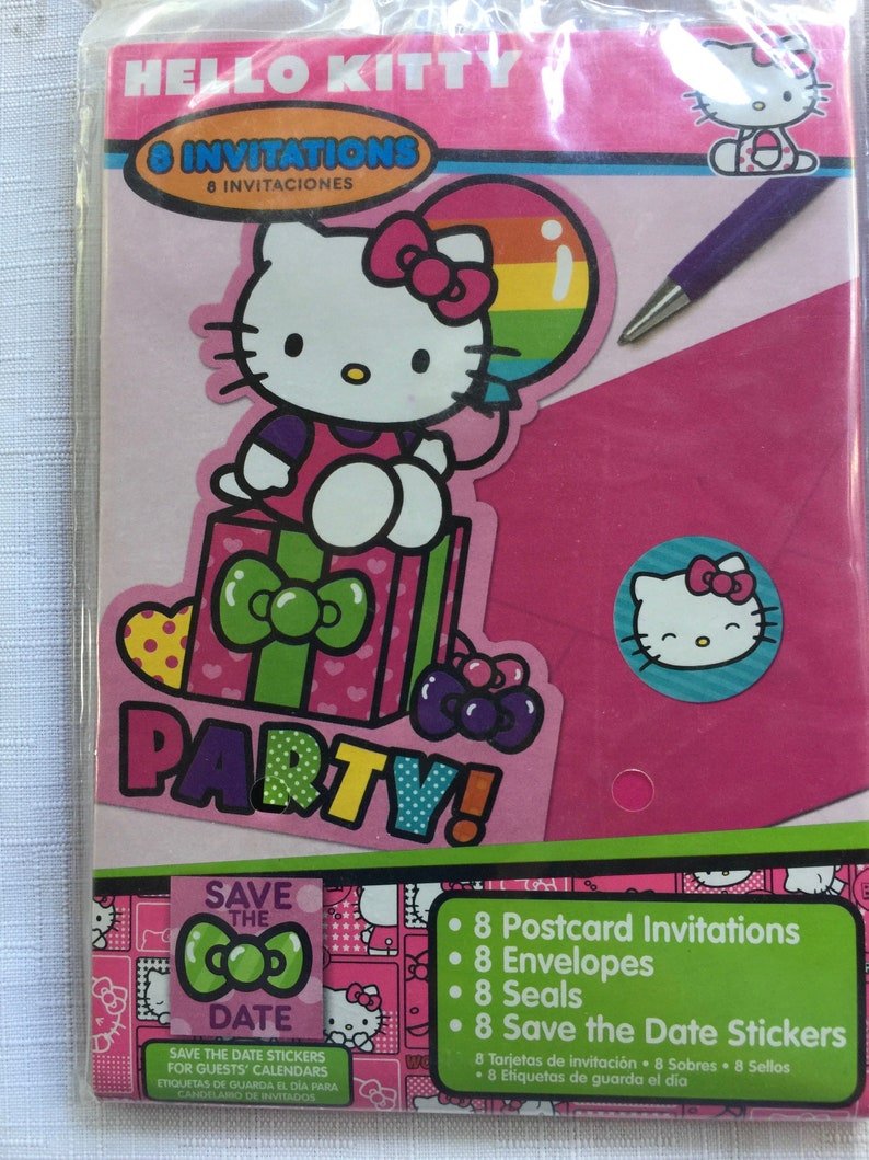 May include: A Hello Kitty party invitation set with 8 postcard invitations, 8 envelopes, 8 seals, and 8 save the date stickers. The invitations feature a pink and green color scheme with Hello Kitty holding a rainbow balloon and a gift box.