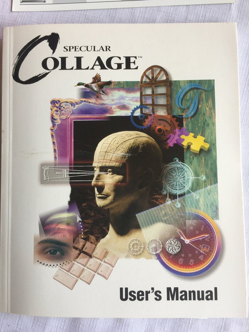 Puede incluir: Un manual de usuario blanco para el software Specular Collage. La portada presenta un collage colorido de im&aacute;genes, que incluyen una cabeza humana, un reloj, una ventana, un teclado y un pato.