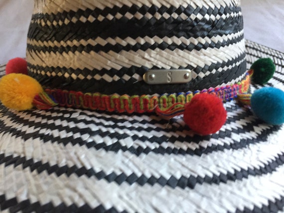 Artisanal Colorful Panama Style Straw Sun Hat with Stipes and Pom Poms Straw Panama Style Sun Hat with Red Pom-Pom Trim Red at  main image 2