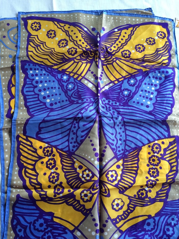 Butterfly Scarf, Blue Yellow Scarf, 60s Blue Scar… - image 2