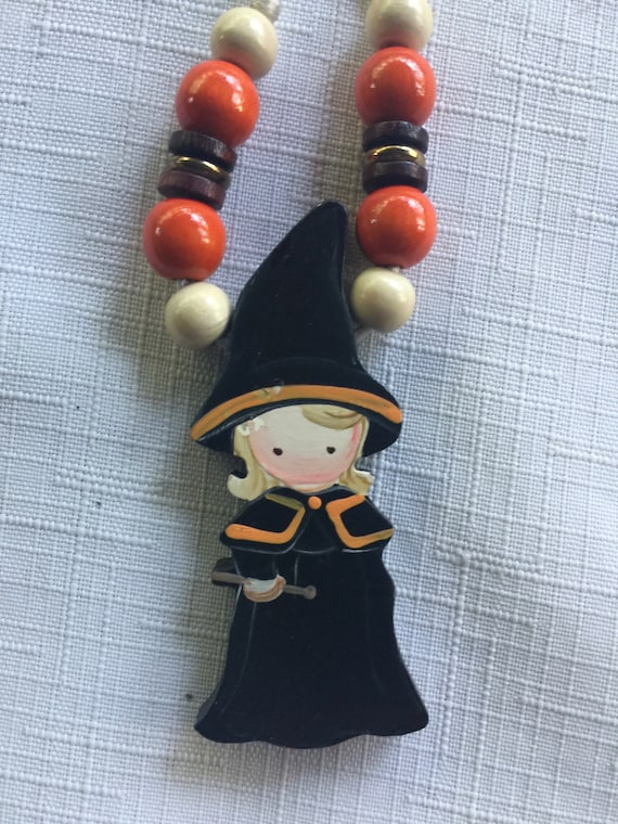 Halloween Necklace, Witch Necklace, Witch Pendant, Halloween Pendant, Wood Pendant, Paint Necklace, Statement Necklace, Autumn Necklace