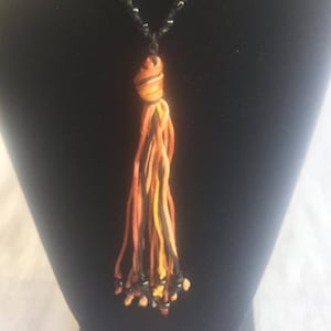 Fringe Pendant, 70s Necklace, Tassel Necklace, Tassle Pendant, Silk Tassle Necklace, Fabric Necklace, Earthtone Necklace, Tassel Pendant