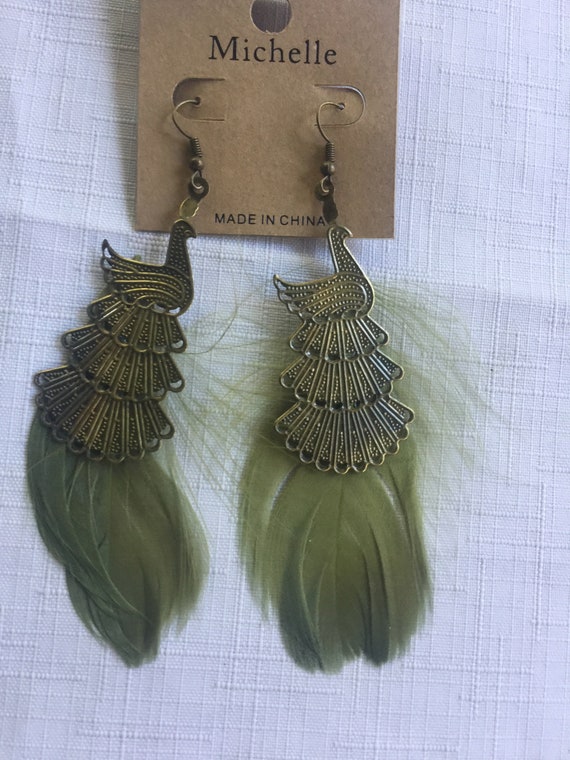 Green Feather Dangle, Green Exotic Drop, Green Bi… - image 1
