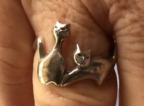 Cat Ring, Silver Cat Ring, Retro Cat Ring, Two Ca… - image 6