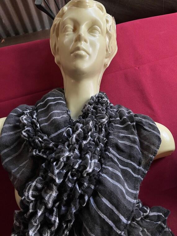 Black white scarf, Frilly Black scarf, Long Black… - image 4