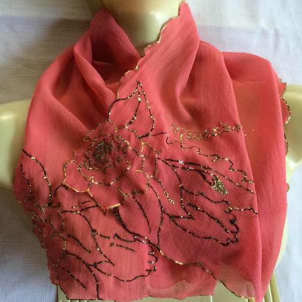 Coral Scarf, Glitter Scarf, Pink Evening Scarf, Shimmery Scarf, Sparkly Scarf, Evening Scarf, Formal Scarf, Retro Scarf, Antique Scarf