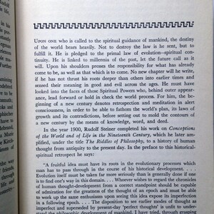 May include: A page from a book titled "The Turn of The Century" with text discussing the spiritual guidance of mankind and the evolution of human thought. The text includes a quote from Rudolf Steiner, a philosopher and spiritual teacher, about the importance of understanding the historical development of ideas.