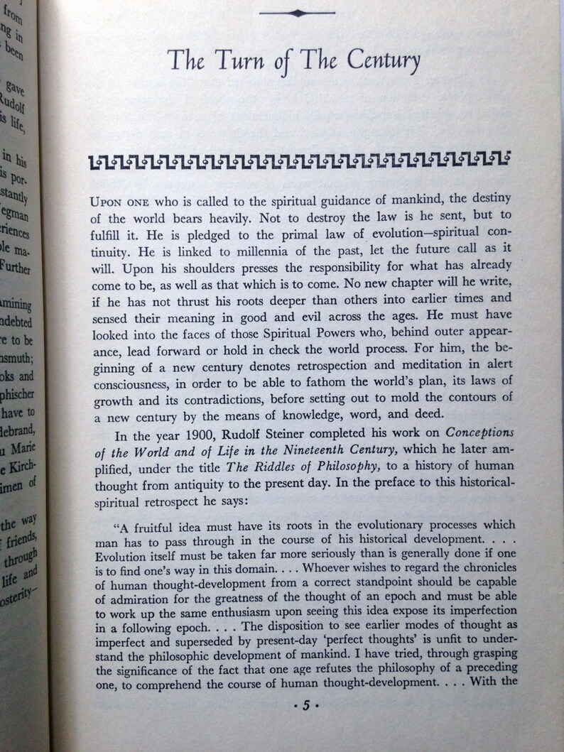 May include: A page from a book titled "The Turn of The Century" with text discussing the spiritual guidance of mankind and the evolution of human thought. The text includes a quote from Rudolf Steiner, a philosopher and spiritual teacher, about the importance of understanding the historical development of ideas.