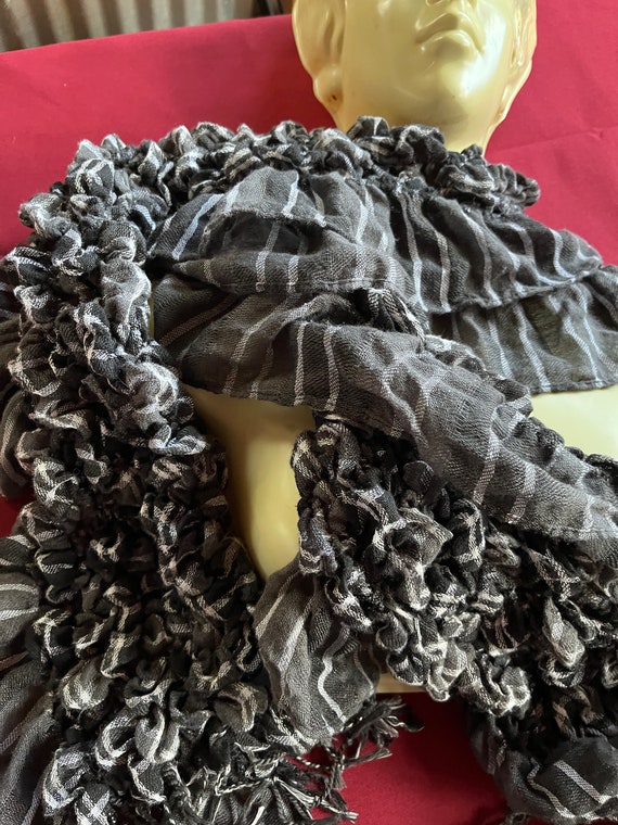 Black white scarf, Frilly Black scarf, Long Black… - image 6