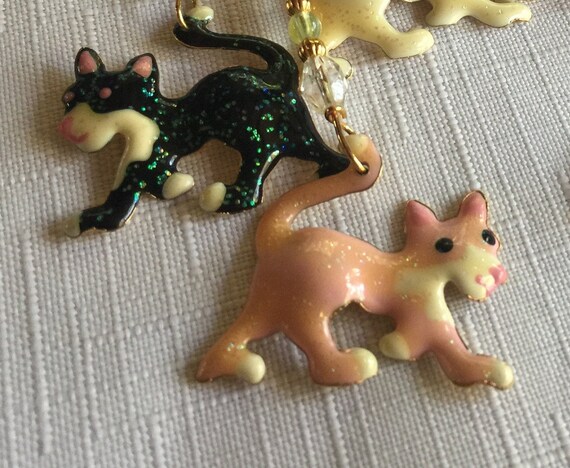 Cat Earrings, Cat Dangle Earring, Cat Dangle, Cat Charm Earring, Kirks Folly Earring, Pink Black Dangle, Enamel Earring, Kitten Earring