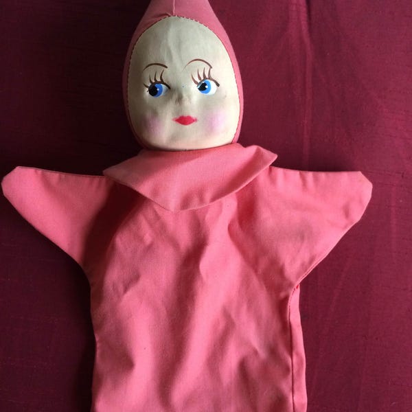 Marionnette lutin, marionnette à main, marionnette rétro, marionnette des années 60, marionnette en papier mâché, marionnette visage, marionnette bébé, marionnette auriculaire, marionnette elfe, marionnette rose