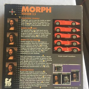 May include: A box for the Morph 2.5 software program. The box features a red and white Gryphon logo, a red plus sign, and the text "Morph Version 2.5". The box also features images of the software's interface and examples of morphing effects.