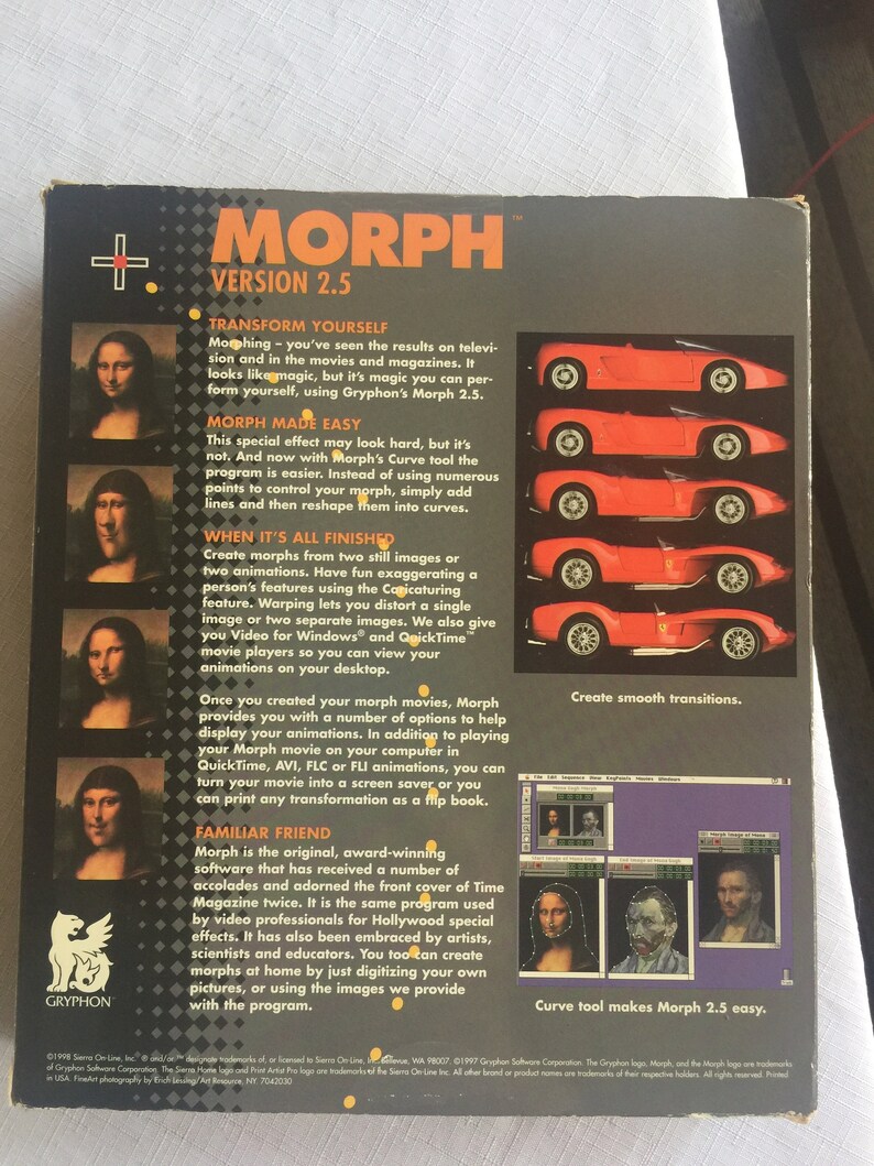 May include: A box for the Morph 2.5 software program. The box features a red and white Gryphon logo, a red plus sign, and the text "Morph Version 2.5". The box also features images of the software's interface and examples of morphing effects.