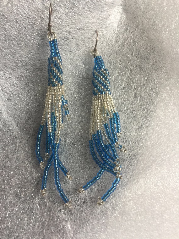 Blue Bead Earring, Blue Dangle Earring, Blue Frin… - image 5